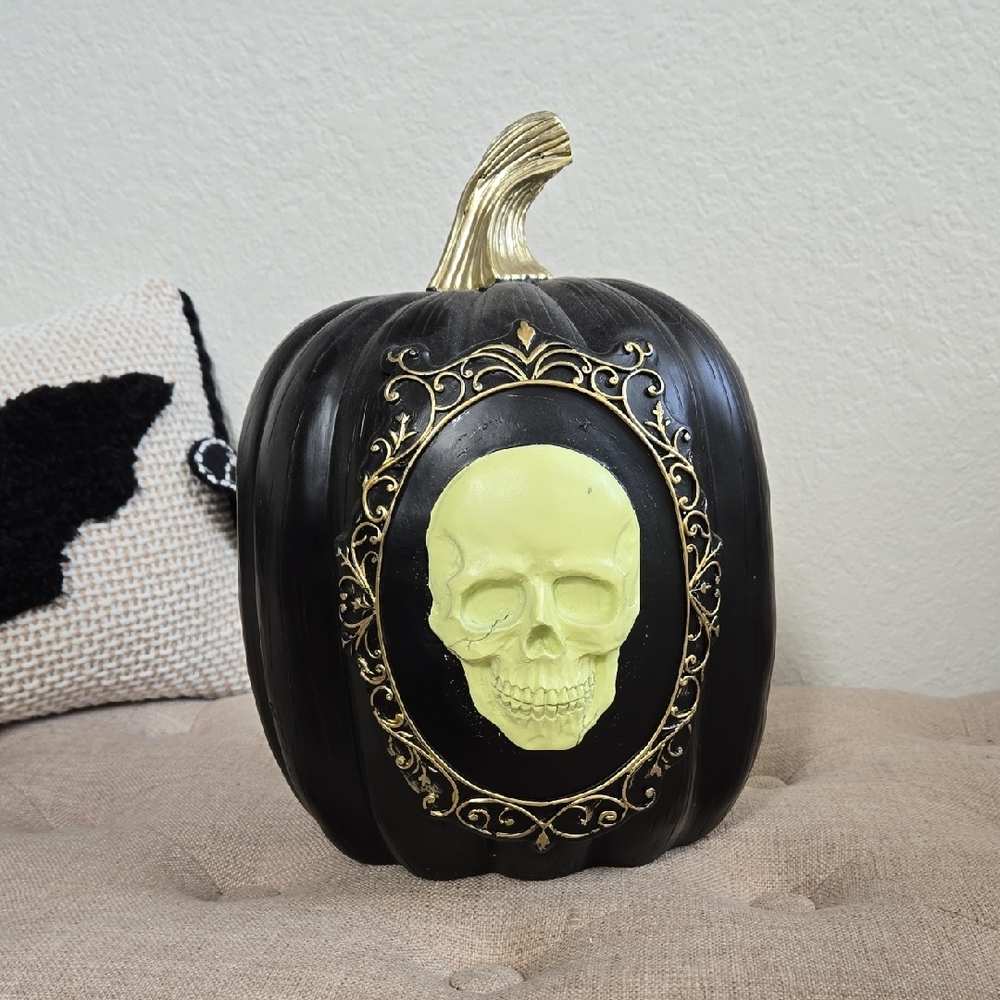 Black and Gold Skull Pumpkin Decor, Gothic Skull, Home Goods, NWT